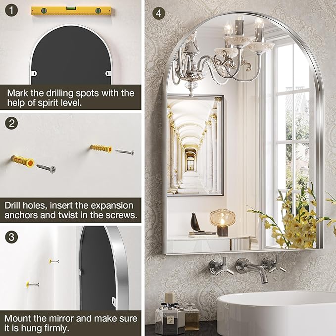Brightify Arched Mirror, Arched Wall Mirror, 32 x 40 Inch Silver Arch Mirror, Metal Frame Silver Bathroom Mirror, Arched Top Bathroom Vanity Mirror for Living Room Bedroom Mantel Entryway Hallways