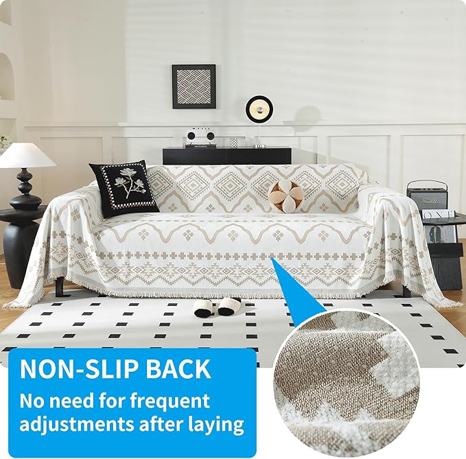LUFEIJIASHI Boho Couch Covers for Sofa Non Slip Sofa Covers Washable Couch Covers for 3 Cushion Couch Sofa Pet Friendly Sectional Couch Cover Blanket Furniture Protector for Dogs (Khaki, 91"x150")