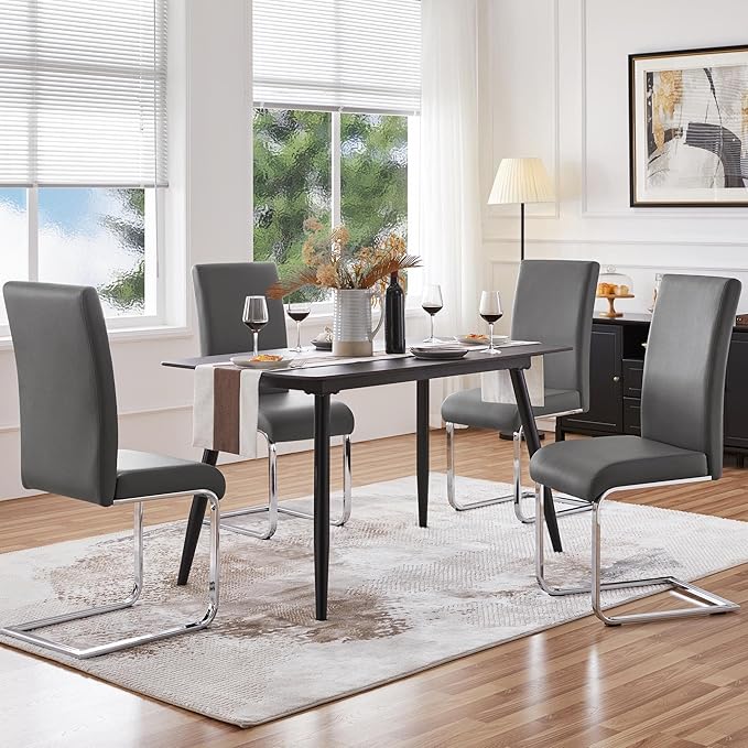 Yaheetech Dining Chairs Set of 4 Modern Faux Leather Upholstered Dining Room Chairs with High Back and Metal Chrome Legs for Kitchen/Living Room/Restaurant, Dark Gray