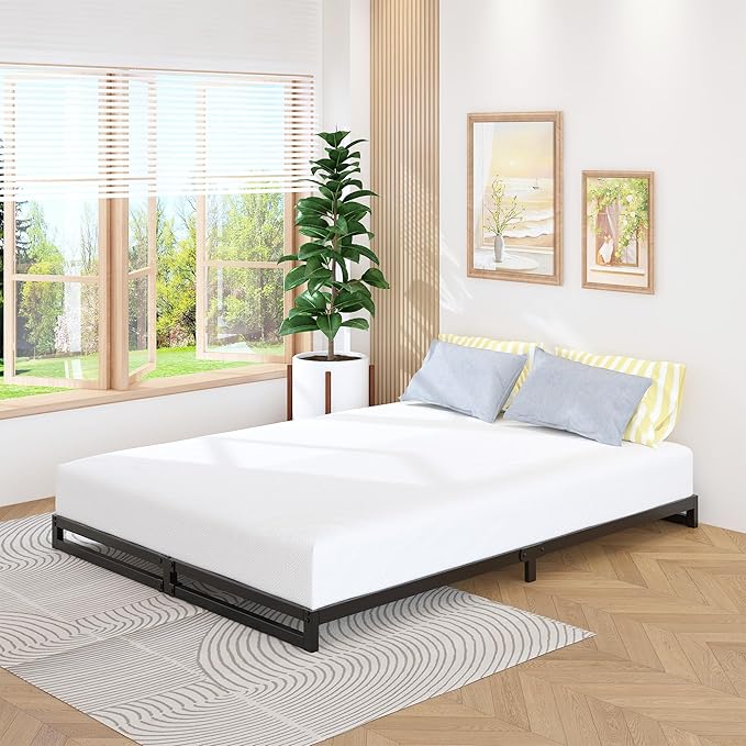 6 Inch Bed Frame Queen Size Heavy Duty Steel Slat Support Metal Platform Queen Bed Frame No Box Spring Needed, Easy Assembly, Black