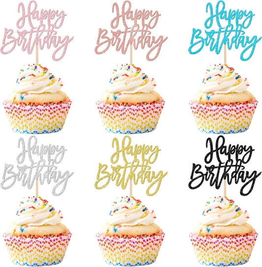24 PCS Glitter Cupcake Toppers - Happy Birthday & Anniversary Picks - Multi 6 Colors
