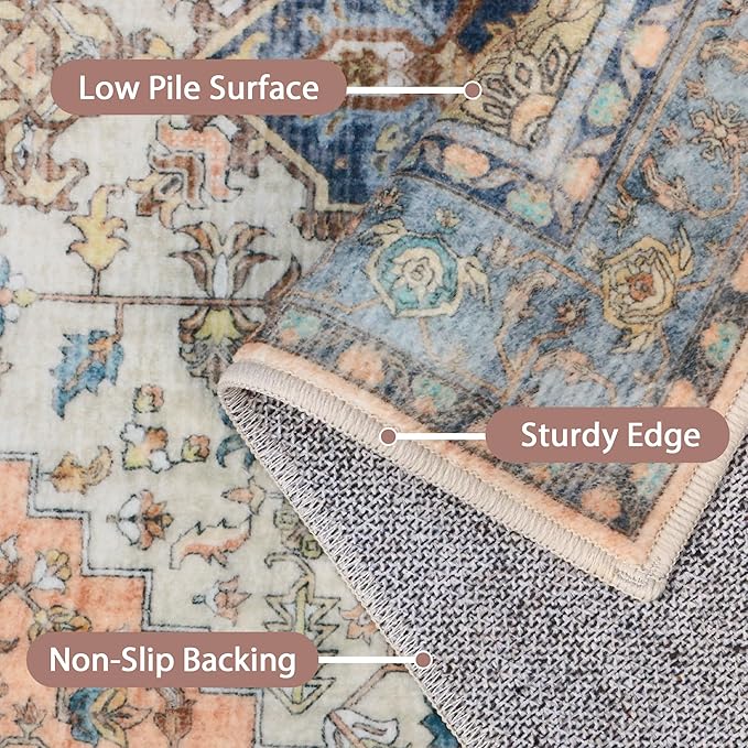 GENIMO 5x8 Area Rugs for Living Room, Machine Washable Low Pile Rugs, Chenille Non Alip Vintage Rug for Bedroom, Dining Room, Home Office, Blue Brick Red