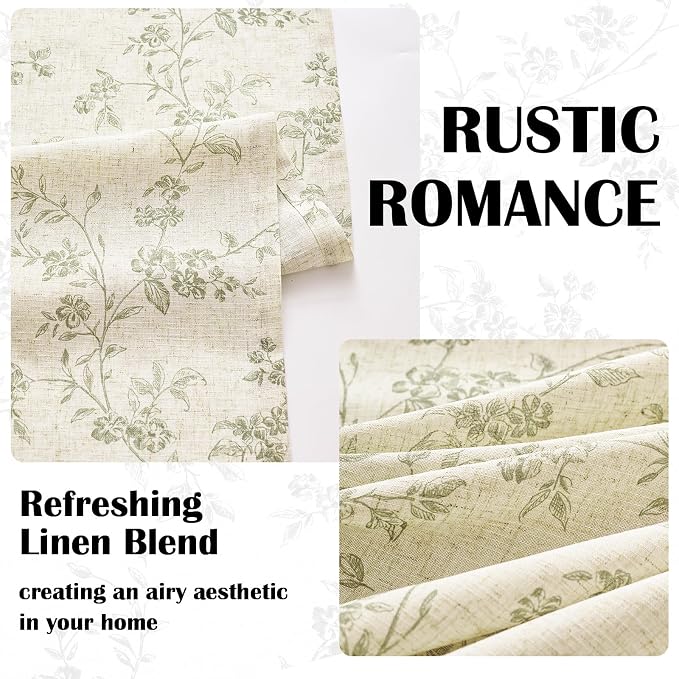 Lazzzy Green Floral Linen Curtains 90 Inch Farmhouse Back Tab Drapes - Image 5