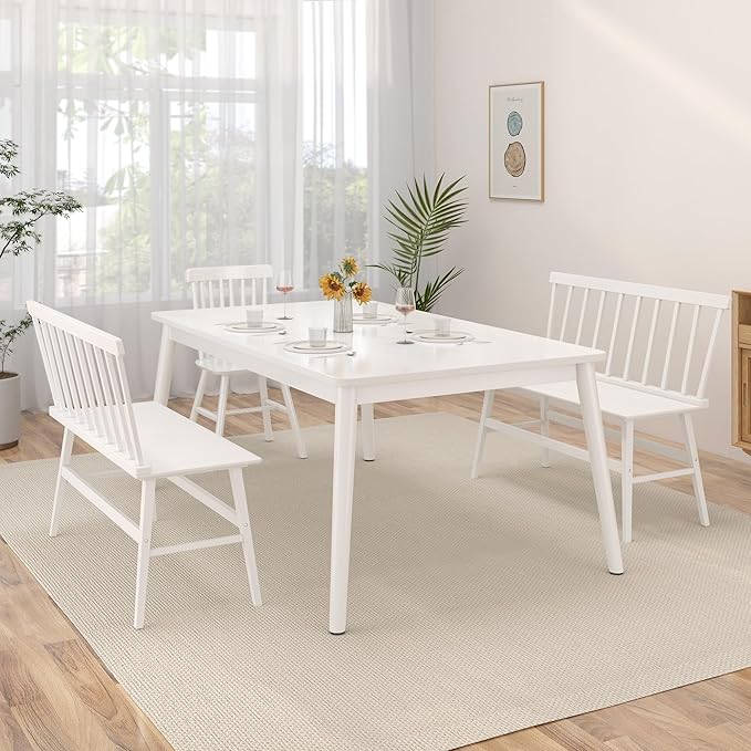 Bamboo Dining Bench, Wooden White Entryway Bench with Spindle Back Farmhouse Wood Windsor for Foyer Balcony Living Room Comfortable Winsor Chair Benches for Home