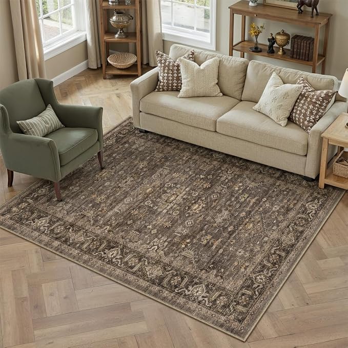 3x5 Washable Area Rug for Entryway Vintage Brown Non Slip Low Pile Carpet - Image 5