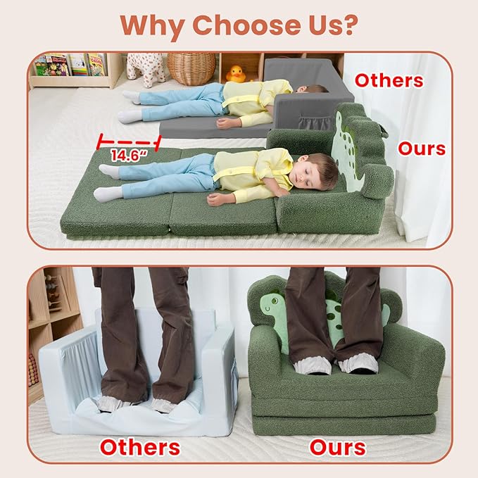 TinyPalsa Kids Couch, Convertible Sofa to Lounger Fold Out, Green Dinosaur Design Chair for Toddlers 1-3, Gift for Movie Night, Camping, and Napping