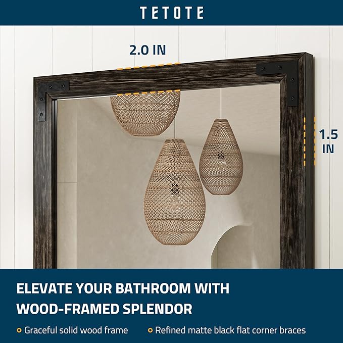 TETOTE 48 x 30 Black Wood Mirror for Bathroom Wall/Bedroom/Living Room/Entryway Farmhouse Rustic Wall Mirror Waterproof (Horizontal/Vertical Mounted)