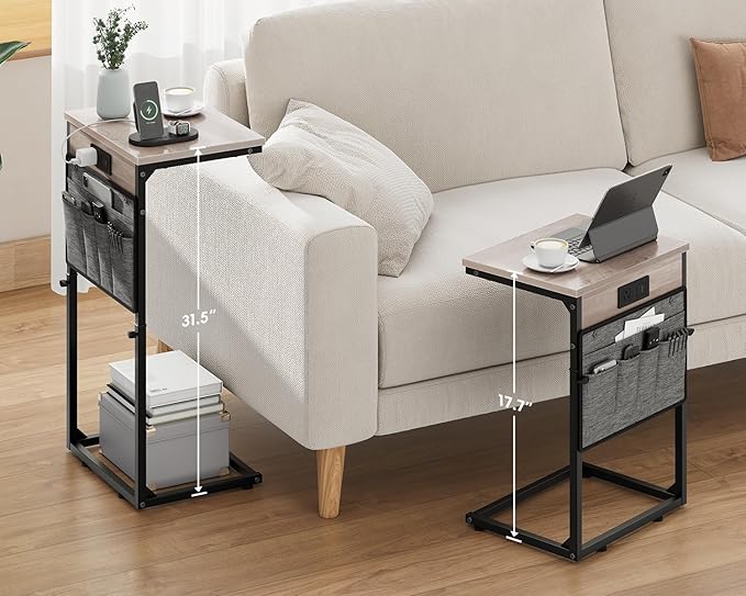 Vagusicc C-Shaped End Table Set of 2 with Charging Station, Small Side Table for Couch, Adjustable Height Couch Side Table, Slide Under Sofa Table TV Tray Tables for Living Room, Bedroom,Bedside, Gray