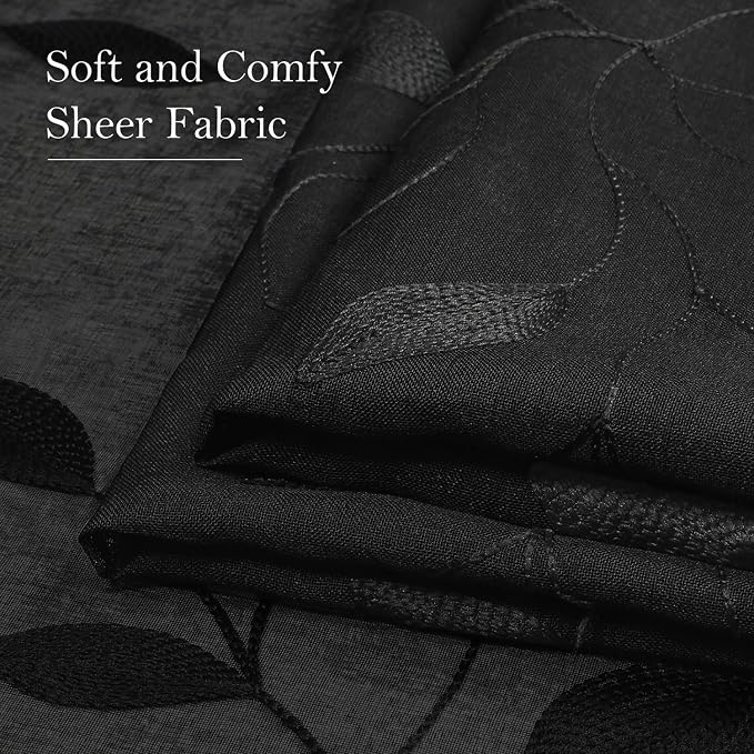 HOMEIDEAS Black Sheer Curtains 52 X 96 Inches Length 2 Panels Black Embroidered - Image 8