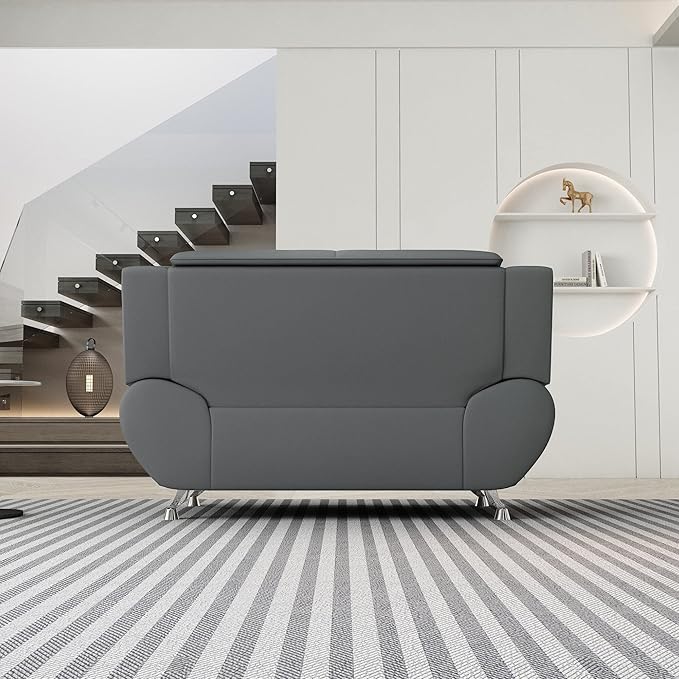 Container Furniture Direct Michael Modern Faux Leather Upholstered Stainless Steel Legs Living Room Sofa, Loveseat, Sleek Gray
