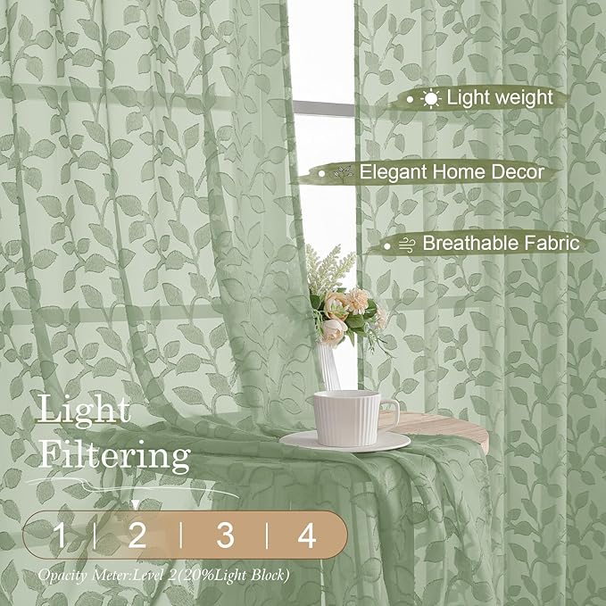 Chyhomenyc Sage Green Sheer Curtains 72 Inches Long 2 Panels Set, Light - Image 2