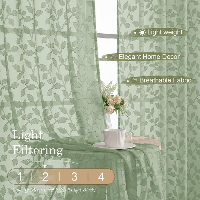 Chyhomenyc Extra Long Sage Green Sheer Curtains 108 Inch Length 2 Panels Set - Image 2