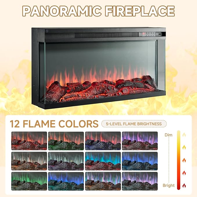 ROCKPOINT 3 Sided Glass 80" Fireplace TV Stand for TVs up to 90", Media Entertainment Center with Glass Door Storage Cabinet for Living Room,36" Electric Fireplace & Adjustable LED Light,Grey