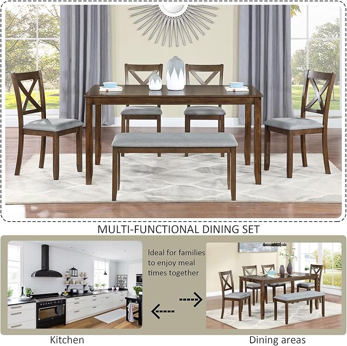 KEIKI 6-Piece Standard Height Dining Table Set with Rectangular Table, 4 Upholstered X-Shaped Backrset Chair, Bench, for 6 Person, Modern Table Set, Easy Assembly, for Kitchen, Dining Room, Walnut