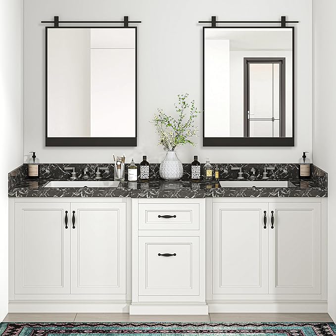 20x28 Inch Rectangle Bathroom Vanity Mirror for Wall Mounted Over Sink Farmhouse Rustic Matte Black Frame Barn Door Mirrors Foyer Entryway Decor