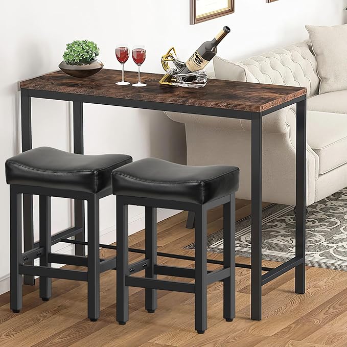 Counter Height Bar Stools Set of 2, 24 Inch Barstools for Kitchen Island Counter, Bonded Leather Kitchen Stools with Thick Saddle Seats & Heavy Duty Metal Base, Easy Assembly, Brown/Black
