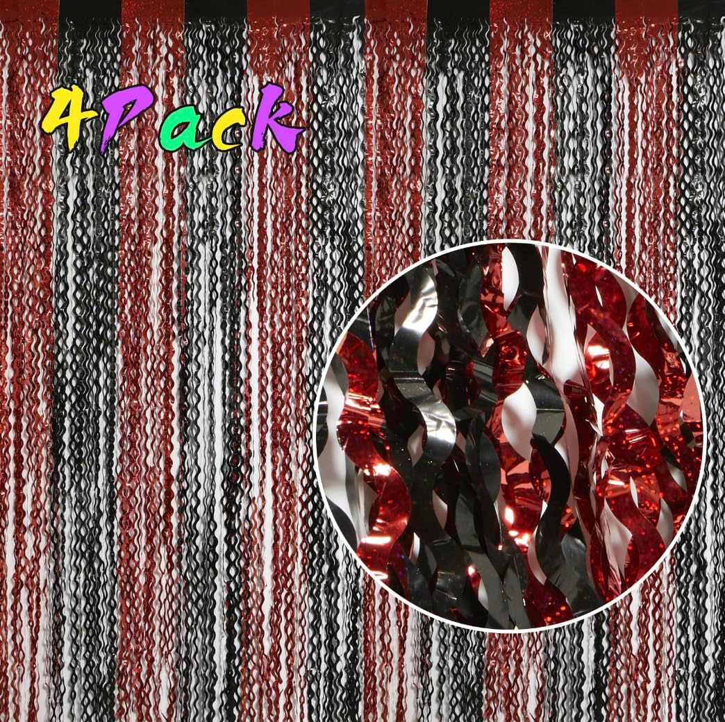 4 Pack Sparkle Red and Black Fringe Curtain - 3.3x6.6 Feet Tinsel Streamer for Birthday Decorations | Halloween Decorations | Casino Theme Party Decorations | Red Carpet