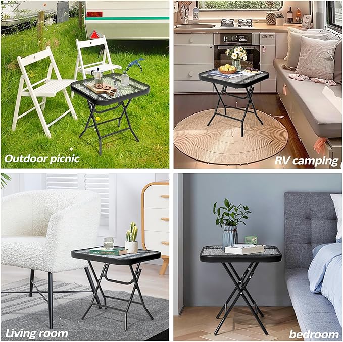 Foldable Outdoor Side Table with Tempered Glass Top Square 18" Folding Patio Side Table Small Glass End Tables for Patio Porch Yard Balcony Deck Lawn Dining Garden (Black)