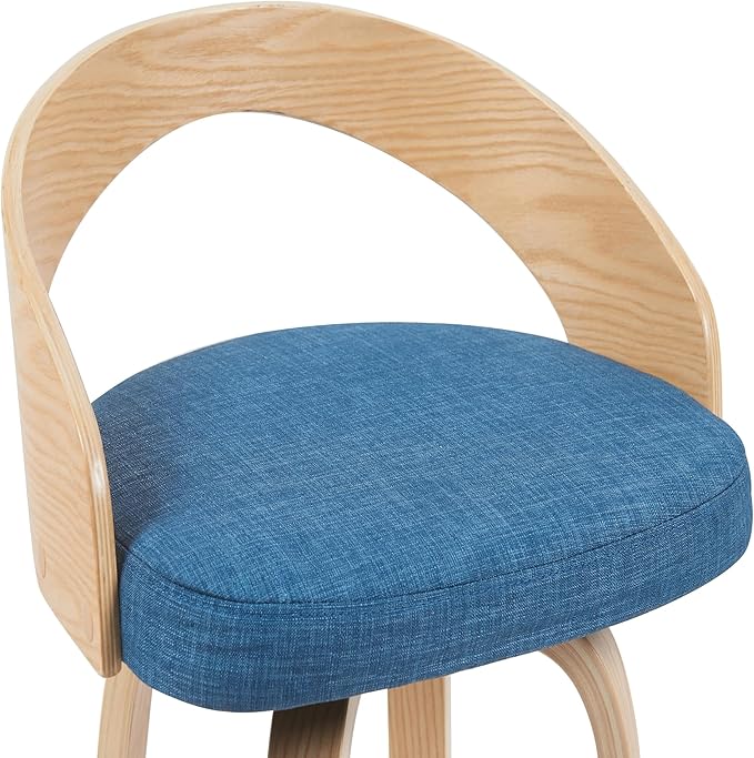 Armen Living Sonia Modern Swivel Bar Height Stool with Blue Upholstered Seat and Patterned Oak Wood Finish