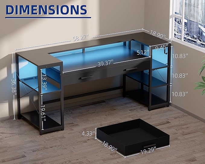 Pamray 58 Inch Computer Desk with Monitor Stand and Shelves Gaming Desk with LED Lights & Power Outlets PC Vanity Table with 2 Drawers for Home Office White
