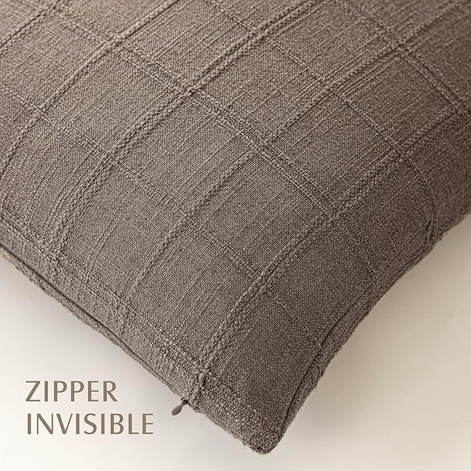 Foindtower Set of 2 Decorative Linen Check Throw Pillow Covers Neutral Farmhouse Vintage Cushion Covers Modern Boho Home Decor for Sofa Chair Couch Bedroom Living Room Outdoor,20×20 Inch,Taupe Grey