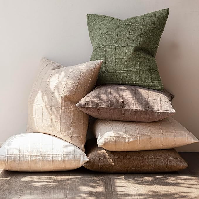 Foindtower Set of 2 Decorative Linen Check Throw Pillow Covers Neutral Farmhouse Vintage Cushion Covers Modern Boho Home Decor for Sofa Chair Couch Bedroom Living Room Outdoor,18×18 Inch,Sage Green