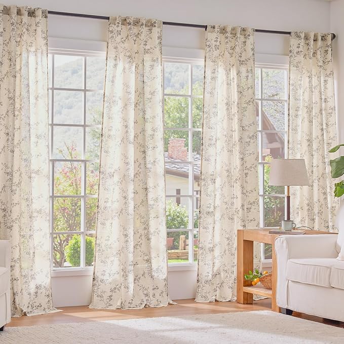Lazzzy Grey Floral Linen Curtains 96 Inch Farmhouse Back Tab Drapes - Image 6