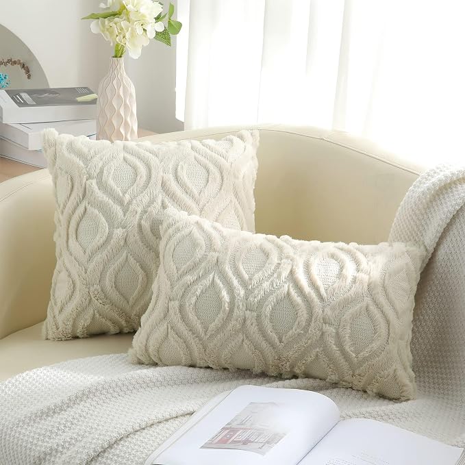 decorUhome Throw Pillow Covers 26x26 Inch Set of 2, Soft Plush Faux Wool Beige - Image 9