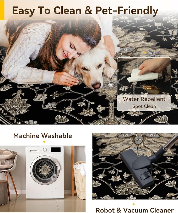 Area Rugs 8ft Washable Non-Slip, Floral Vintage Distress Print Pattern - Image 5