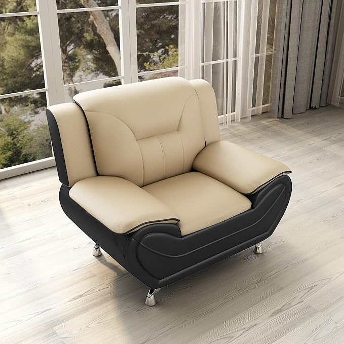 Container Furniture Direct Michael Modern Faux Leather Upholstered Stainless Steel Legs Living Room, Chair, Camel/Black