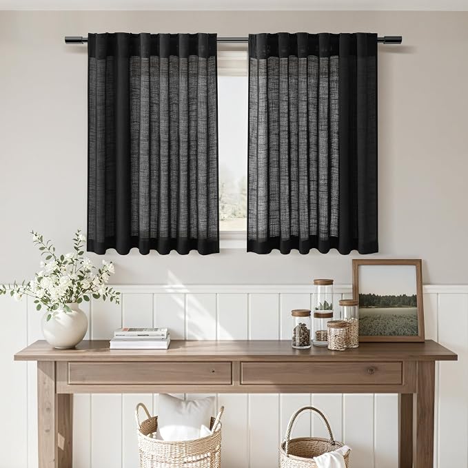 Nanspring Short Linen Kitchen Curtains 36 Inch Length, Over Sink Black Privacy - Image 7