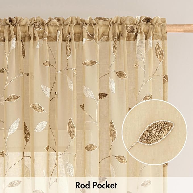 MIULEE Khaki Sheer Curtains 2 Panels Embroidered Leaf Patterned Rod Pocket - Image 6