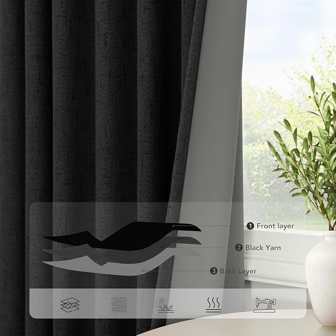 Black Curtains 84 Inches Long for Bedroom 2 Panel Set Linen Textured Total - Image 5