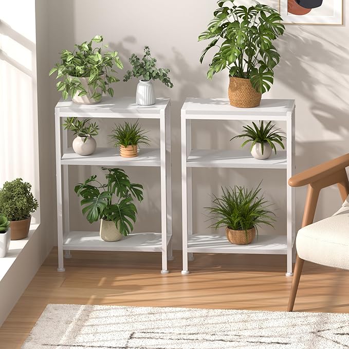 Narrow Side Table for Small Space Set of 2, 3-Tier Small End Table with Shelf Holder, Slim Nightstand, Skinny Snack Couch Table in Living Room, Bedroom, Study, Kitchen and Balcony（White