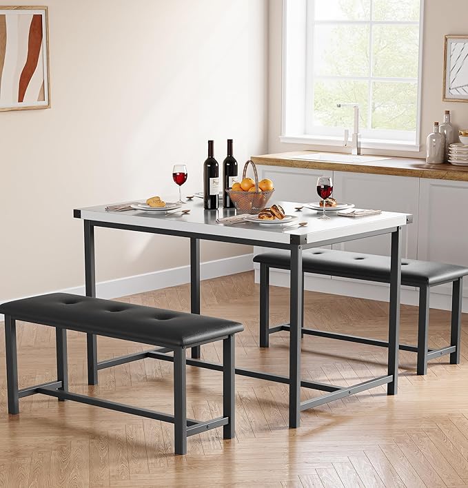 Dining Table Set for 4, Kitchen Table with 2 Upholstered Benches, 3-Piece Dining Room Set for Kitchen, Apartment and Small Spaces, Marble White