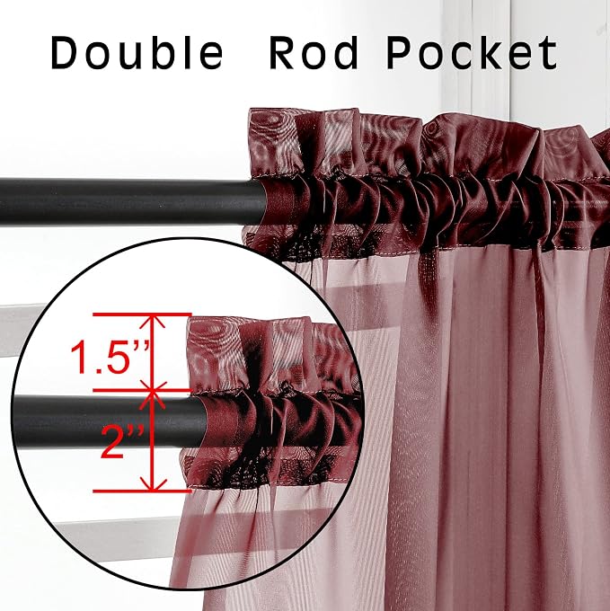 OVZME 2 Panels Window Burgundy Sheer Curtains 42" x 45" Inches - Image 2