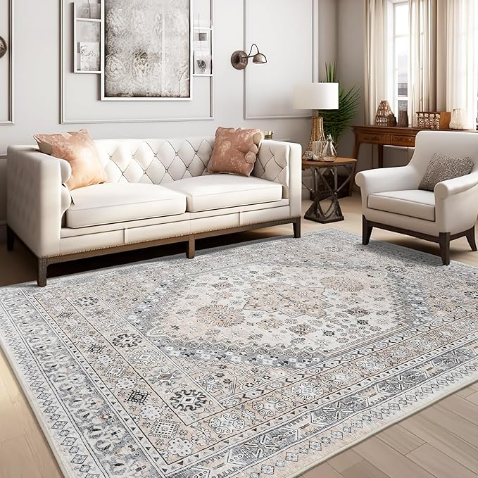 zesthome 5x7 Area Rugs - Ultra-Thin Washble Rug, Stain Resistant Anti Slip Backing Rugs for Living Room,Bedroom, Vintage Home Decor Area Rug (Beige,5'x7')