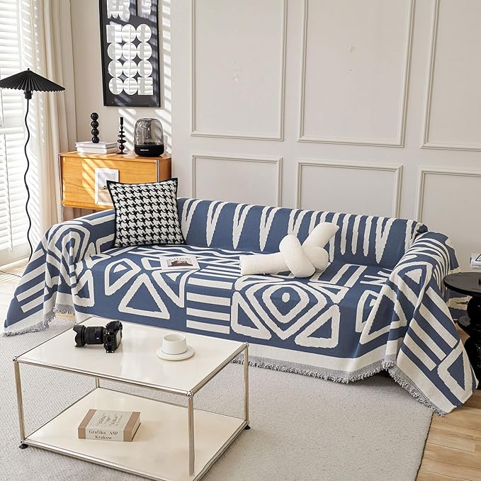 STACYPIK Boho Chenille Blue Sofa Cover L Shaped Couch Cover Reversible Couch Cover for 3 Cushion Couch Non-Silp Furniture Cover for Dogs Cats Sectional Sofa Cover for Loveseat Futon Cover-91X134IN