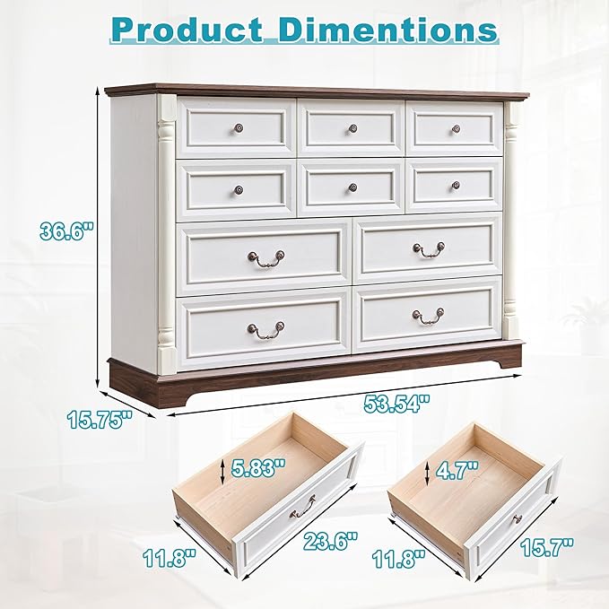 53.54" Farmhouse Sideboard Buffet Cabinet with Storage, Kitchen Buffet Storage Cabinet with 10 Drawers, Modern Wood Accent Sideboard for Living Room, Kitchen, Hallway(Antique White)