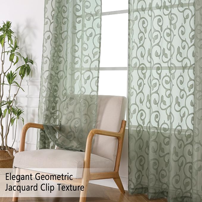 OWENIE Furman Sage Green Sheer Curtains 45 Inch Length 2 Panels Set - Image 5