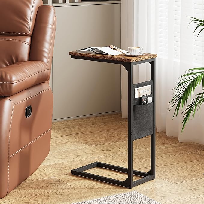 TUTOTAK C Shaped End Table, Side Table for Couch, Sofa Table with Storage Bag, TV Tray for Living Room, Bedroom, Brown TB01BB082