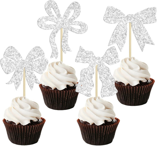 Ephlyn 24pcs Silver Bow Cupcake Toppers for Birthday, Baby Shower, Bridal Shower, Wedding, Bachelorette Party