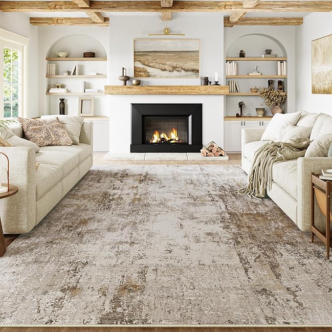 8x10 Washable Area Rug Brown Grey Neutral Abstract Living Room Bedroom Large Throw Rug Non Slip Soft Low Pile Indoor Floor Carpet for Dining Room Kitchen Office Entryway