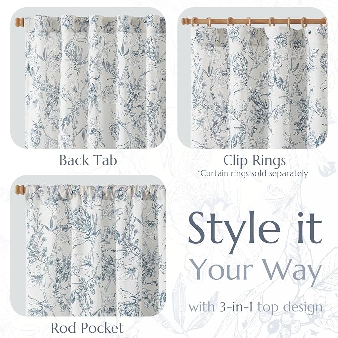 jinchan Floral Curtains 90 Inch Length Blue Flower Linen Farmhouse Curtain - Image 5
