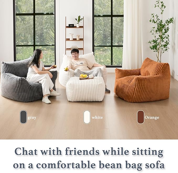 Giant Plush Bean Bag Chair for Adults with Armrests - Oversized Comfy Beige Beanbag Lounge Lazy Floor Sofa Accent Chair for Living Room, Bedroom & Dorm, Cozy Fluffy Single Cloud Mini Couch