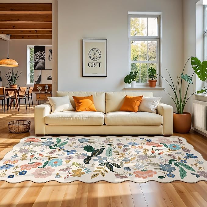Washable 4x12 Wide Area Rug: Hallway Soft Floral Scalloped Carpet Water by HYHAOYUNLAI