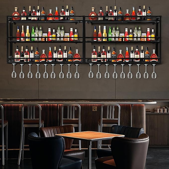 Metal Wine Rack Wall Mounted, Bar Shelves for Liquor Bottles with LED Light, 3 Tier Large Capacity Liquor Rack Wall Mounted with Glass Holder for Home Bar & Dining Room （Black, 79in/200cm）