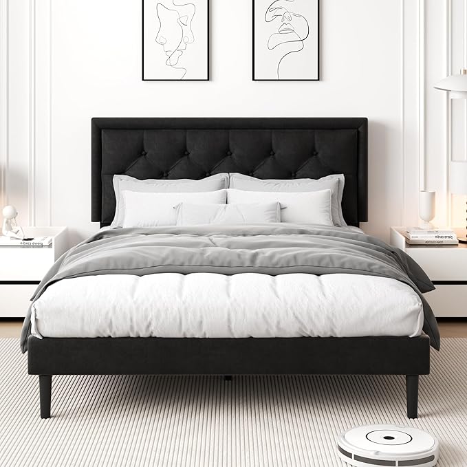 Full Size Platform Bed Frame with Upholstered Velvet Button Tufted Headboard, Mattress Foundation with Wooden Slat Support, No Box Spring Needed, Easy Assembly, Noise Free, Black