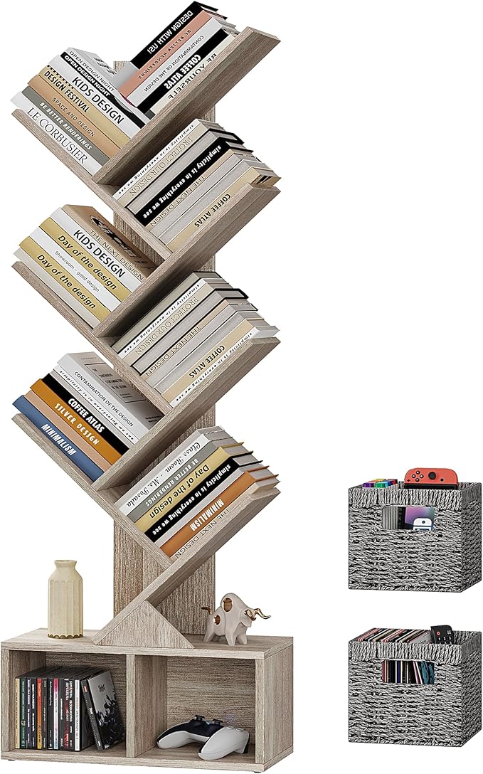 Vagusicc 6 Tier Tree Bookshelf, Small Bookcase with Storage Cabinet, Modern Tall Narrow Bookshelves Organizer, Floor Standing Book Shelf for Bedroom/Living Room/Home Office/Corner, Rustic Greige