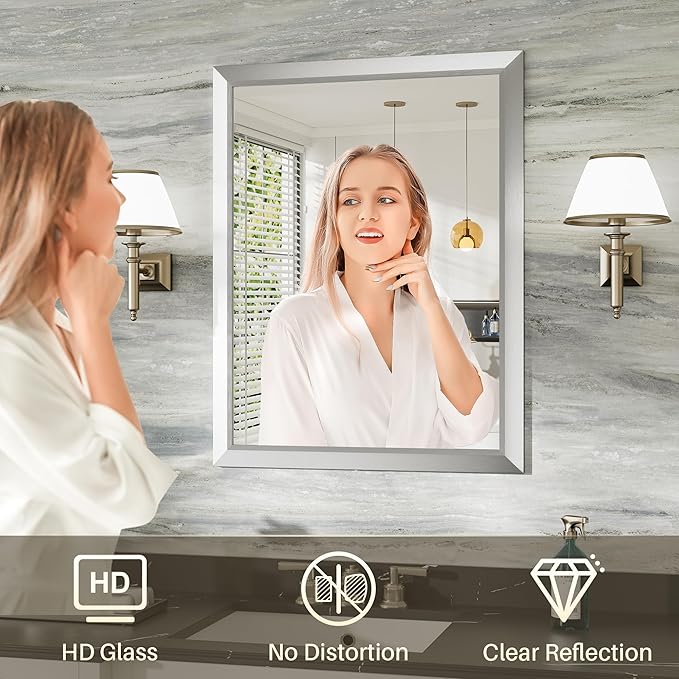 36x30 Inch Silver Bathroom Mirror for Wall, Thick Metal Framed Rectangle Mirrors for Over Sink, Bedroom, Living Room, Entryway, Anti-Rust, HD Tempered Glass